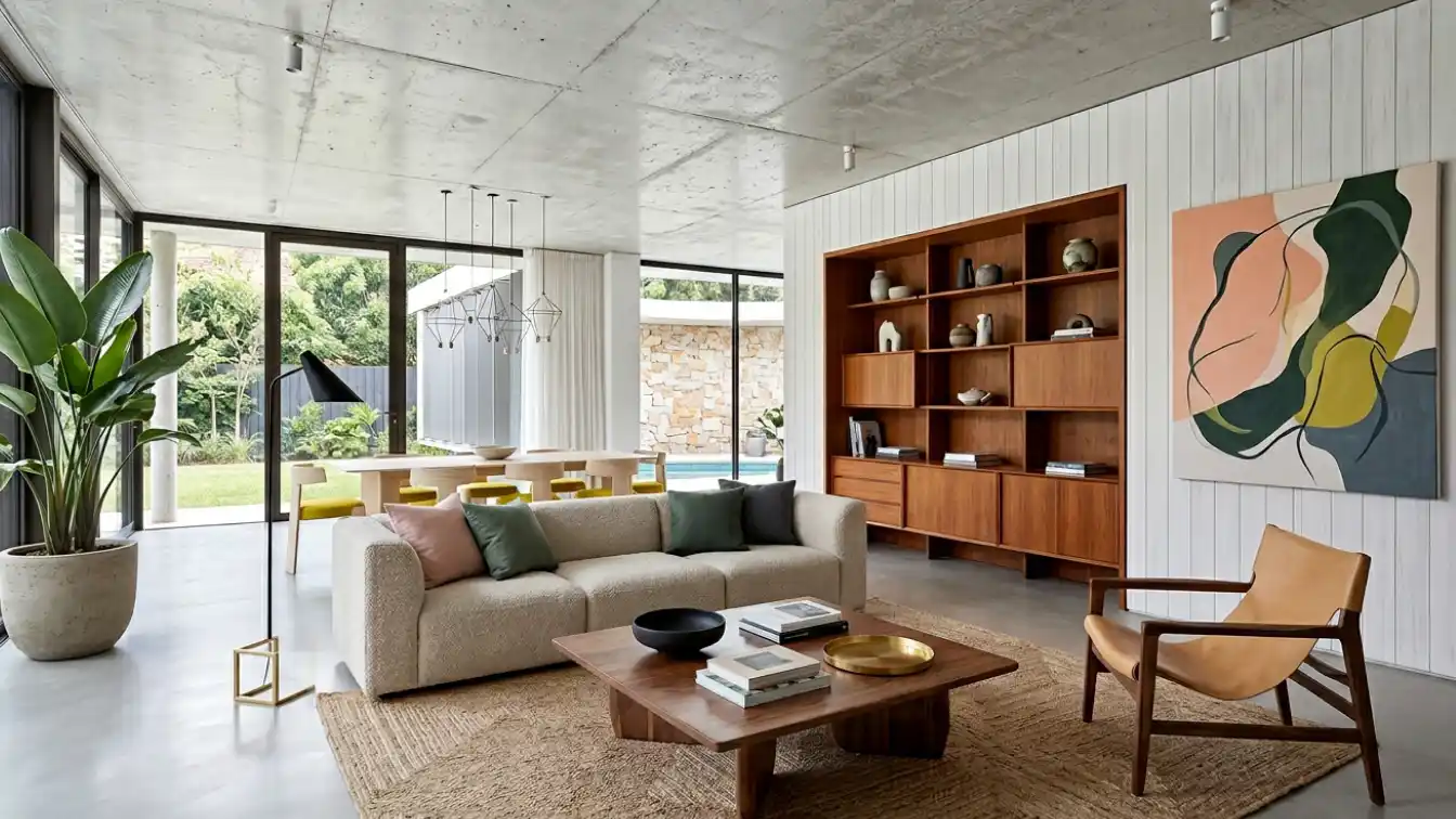 Living luminoso con libreria in legno, divano chiaro e grandi vetrate sul verde