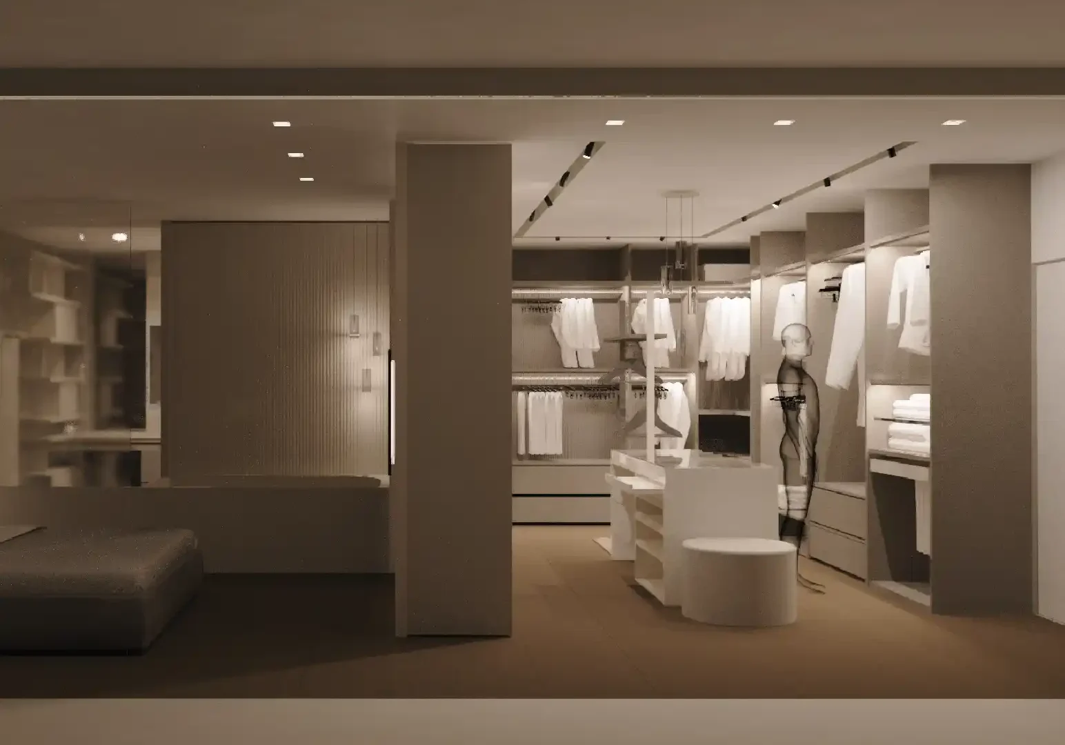 Interno di una boutique con espositori bianchi e luci lineari a soffitto